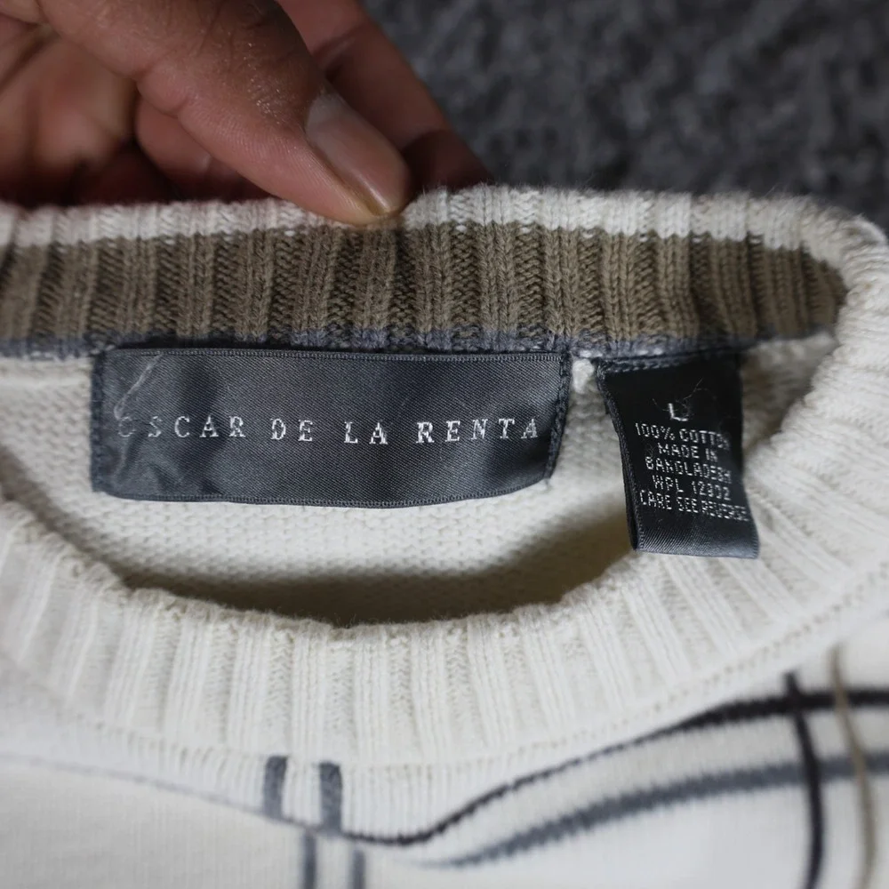 Oscar de la Renta Mens Large Plaid Crewneck Sweater Cream Cotton Knit Pullover